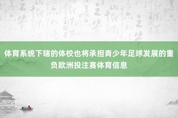 体育系统下辖的体校也将承担青少年足球发展的重负欧洲投注赛体育信息